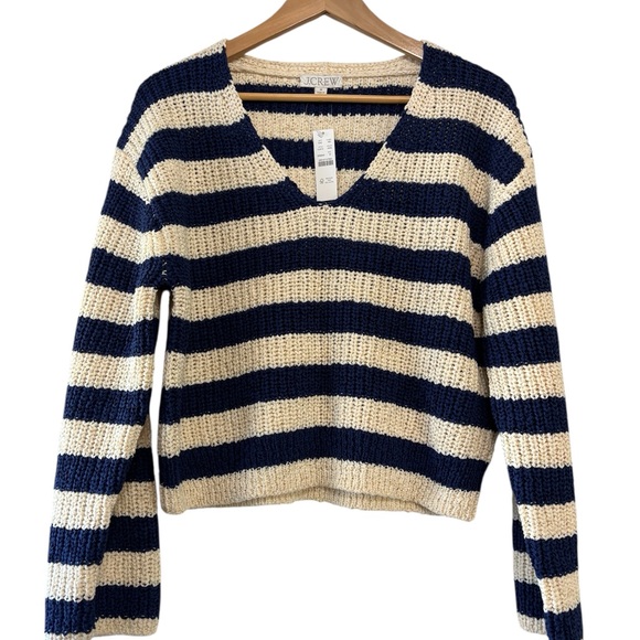 J. Crew Women's V-Neck Navy Cream Chunky Knit Sweater Nautical Fishermancore S - Picture 2 of 10